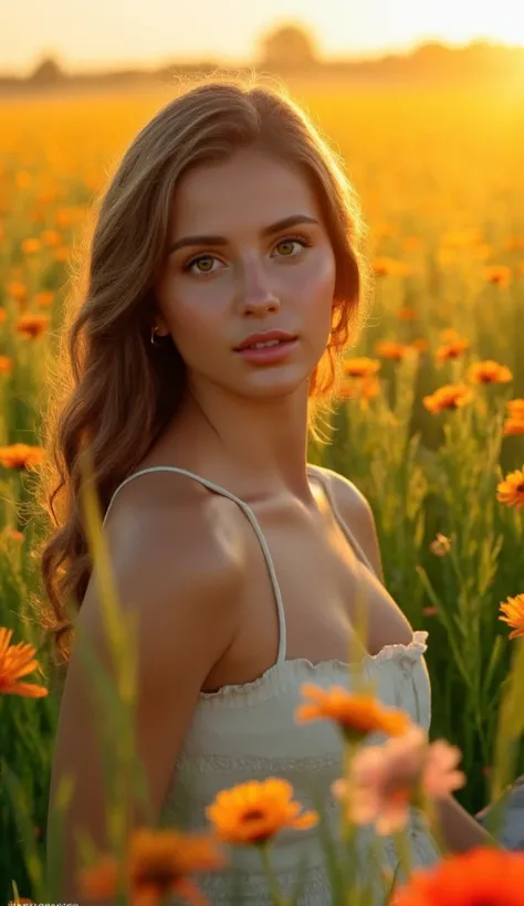 a pastoral idyll, slavic origin, beautiful detailed eyes, beautiful detailed lips, extremely detailed eyes and face, long eyelashes, young woman, sitting on a meadow, surrounded by flowers, warm sunlight, golden hour, vibrant colors, lush greenery, peacefu...