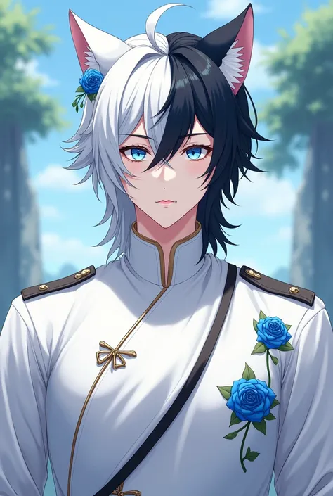 Realistic anime-style 4k quality image ,  where there is a handsome 20-year-old man , Half human and half feline with cat ears , he has white skin, medium hair half black and white ,  light blue eyes .  This same man has a serene and handsome face , And a ...