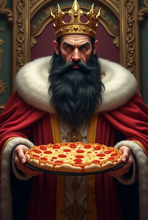 Blackbearded king holding pizza