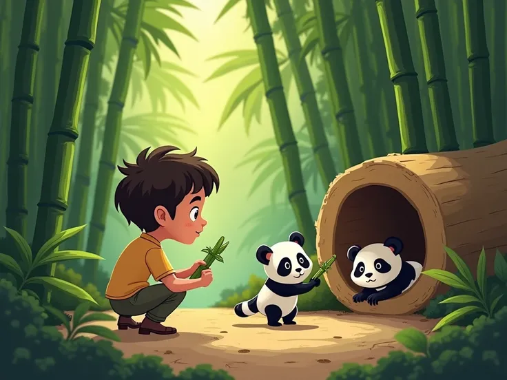 1. Setting: Dense bamboo forest with sunlight filtering through.
2. Characters:  (curious expression) kneeling beside a hollow log.
3. Action:  peeking into the log, finding baby panda.
4. Color palette: Greens, earthy tones.
1. Setting: Same bamboo forest...