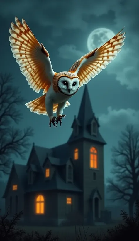 Spooky image of an owl ,  known as the tower owl or church owl ,  It has clear plumage with shades of white and gold on the chest and face ,  while the wings have orange and brown spots ,  flying over a creepy house at night