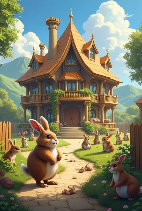 Benny the brown and white color rabbit build a hut like a mansion as his palace with 50 different animals working on the building 