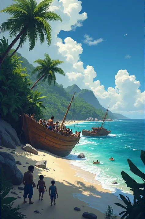  Create an illustration for a book about shipwrecked travelers, and stranded on a deserted island . 