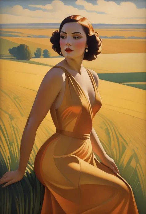 painting of a nude woman on a prairie, art deco painting, art deco era), art deco portrait, georgy kurasov, cinematic. art deco,...