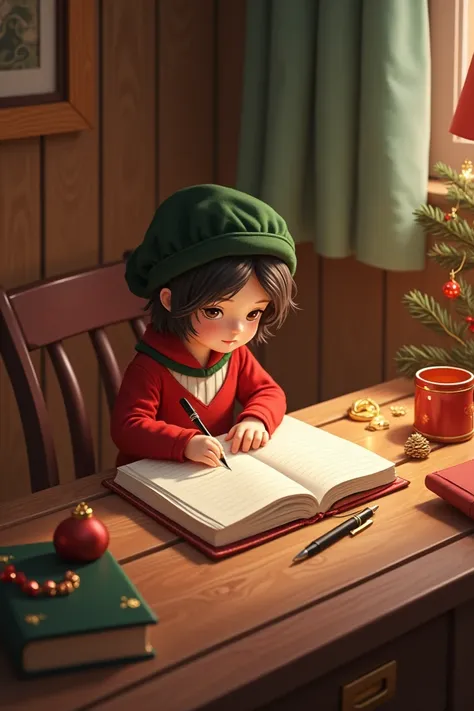  someone is writing in a notebook with a gold ring, detalles en red,  cozy aesthetic , Christmas atmosphere, soft aesthetics, (colors wood , red, green, dorado, white)  dream aesthetic ,  simple aesthetic style , chica red, algo de white, ropa red con gree...