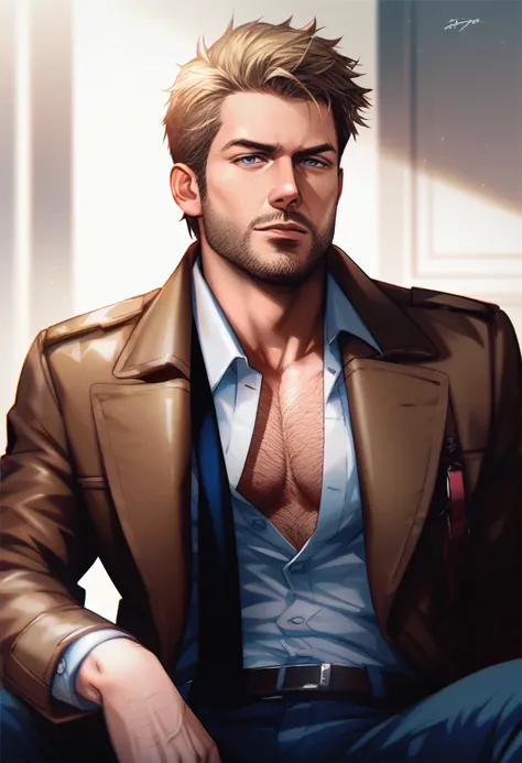 1boy, male_focus, solo, necktie, shirt, blonde_hair, red_necktie, white_shirt, collared_shirt, short_hair, trench_coat, sitting on a chair, seductive pose, coat, brown_coat, brown_jacket, John Constantine, Justice League Dark, dc, mature man, facial hair, ...