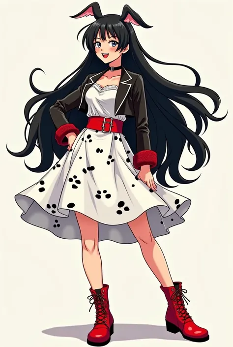   A woman with long black hair with several white locks and fringes all over her hair,  gray eyes. pink lips. Happy smile.   White flared dress printed with Dalmatian spots  ,  cropped black blazer with plush cuffs  ,  red belt marking the waist and short ...