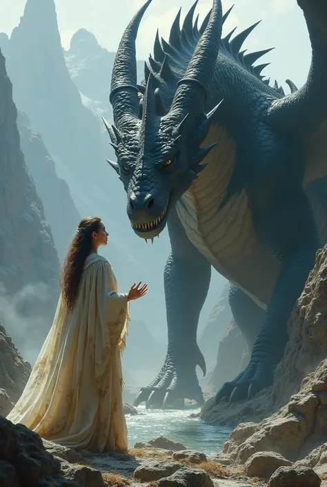  A huge dragon stands in front of the rocky mountains . His dark silhouette scares the queen. A silver ring with an emerald sparkles near his paws.  

 The queen stands in front of the dragon , trembling,  but she doesnt back down .  Her cream dress is pre...