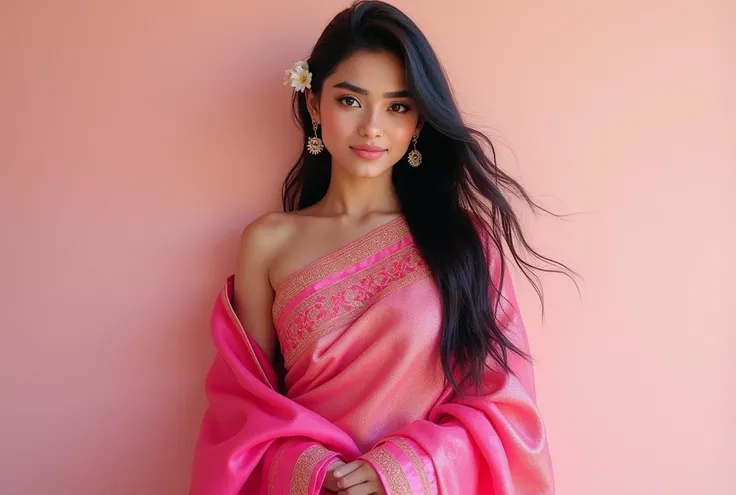 Girl wear pink sari indian girl.the girl is white and very beautiful sweat smiley on face.full body image.and flower in ear. Hair is black long hair.image quality 8k hd.