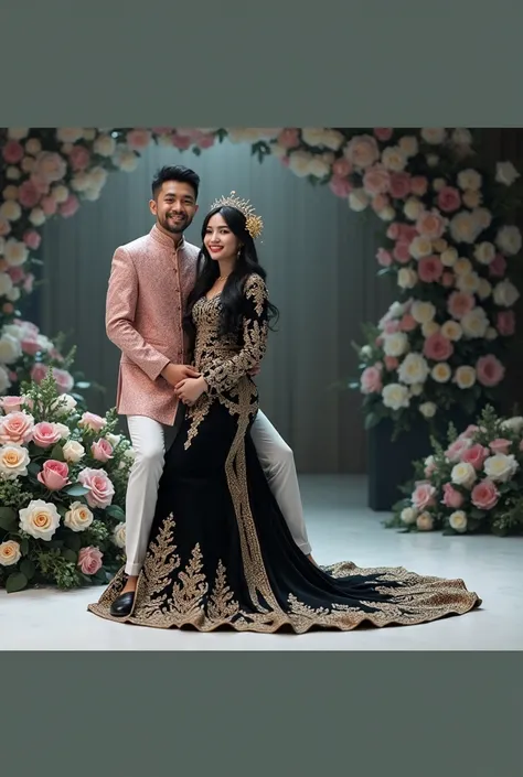 Tradisional Malaysian full body wedding couple.one malay woman wearing a inner hijab Wearing A Fully hijab dressed in a traditional malay songket kebaya in pink and gold and decorated with sparkling bead embroidery on the sleeves and the hem of the kebaya....