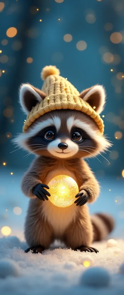 A photo of a fluffy baby raccoon wearing a golden hat with tiny lights and holding a shiny golden orb. The raccoon has large, expressive eyes and is standing on a snowy surface. The background is a vibrant blue with golden snowflakes and bokeh lights, givi...