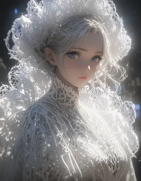 Beautiful Commoners、 perfect face、A gentle depiction、 eyes are hollow and focused、Rough、white lace high neck 、 holding hands、Looking down from afar、close、 rim light transparent special effects ， full body portrait ，oc renderer， octane renderer ，Pure white ...