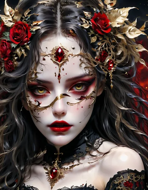 gold leaf art，，gothic girl，Incredible eye details, lips red as blood, flowing long hair , pale skin,