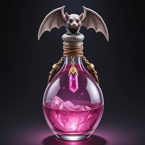 glass bottle with pink potion, oval long bottle, ((long bottle)), on top stone stopper with figurine of stone bat with pink eyes crystals, figurine of bat has spread wings, stopper and bat made of stone, pink liquid with bubbles, large pink crystal hangs o...