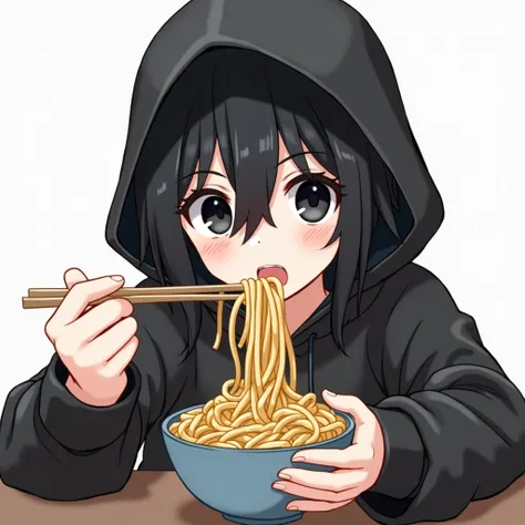  Boys, Black hair, Black eyes,  Wearing a Black Hood, Eat Noodles , Minimal background,  best quality, Streaming hair, Smooth hair