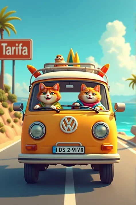 2 cats dressed in summer driving a Camperizada van where a TARIFA sign appears 