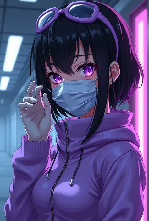 A bishoujo anime girl with black hair and purple eyes  wearing a purple zip up cleanroom suit a purple surgical mask purple latex gloves and goggles 