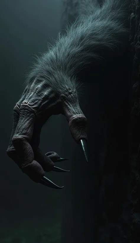 The hairy hand slowly emerging from the shadows, with dark fur and threatening details.