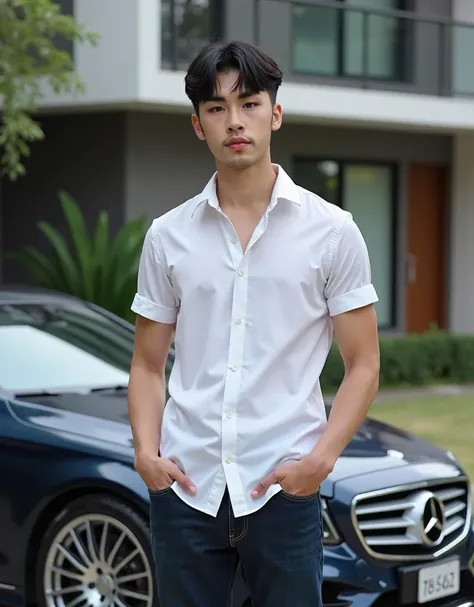  color balanced, super realistic, photoshoot, black hair, short hair, cropped cut ( 1 young Korean handsome man, 30 years old, big eyes, cute, tall, muscular chest, bulging arms, bodybuilder) (Slim eyes 1 ：3),  full body photo 1 person wearing a navy shirt...