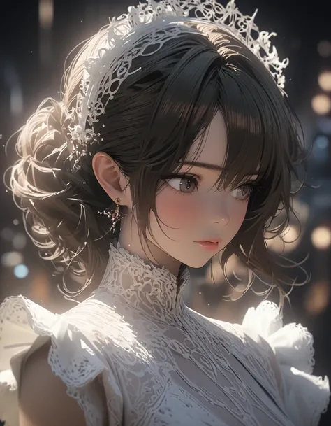 Beautiful Commoners、 perfect face、A gentle depiction、 eyes are hollow and focused、Rough、white lace high neck 、 holding hands、Looking down from afar、close、 rim light transparent special effects ， full body portrait ，oc renderer， octane renderer ，Pure white ...