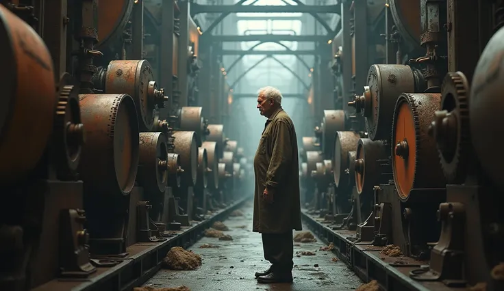 (photorealism:1.2), Inside the Factory of Thoughts, an elderly man, with simple and wise clothes, standing next to large metallic machines. The factory is full of gears that turn incessantly,