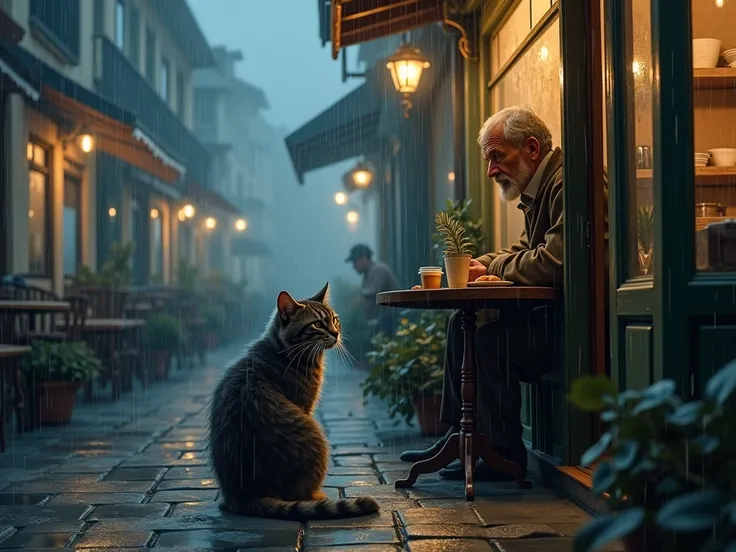 Heavy rain pours outside a small café. A drenched stray cat waits under a table, shivering. The café owner, an older man named Samuel, notices her.