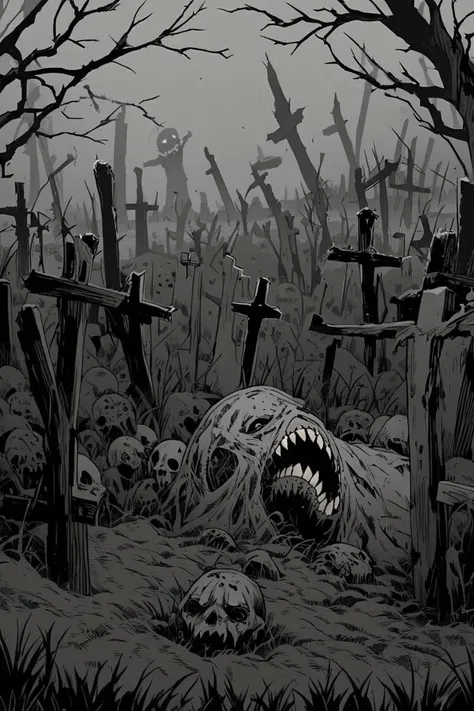 A drawing of a zombie in a cemetery, with gray, decaying skin and long, sharp nails that dig into the earth as he crawls. The zombie has jagged, pointy teeth visible through its decaying lips, giving it a menacing and terrifying appearance. Its eyes are ho...