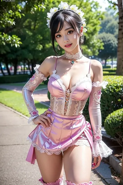 (nsfw), sexy golden Thai princess, only 1 female, ((doll-like appearance)), short neon pink stylish hair, ((shiny Victorian-Style boots)), (big smile), ultra detailed eyes, vivid eye makeup, lipgloss, long lashes, defined eyebrows, ((sexy Paradise Kiss cos...