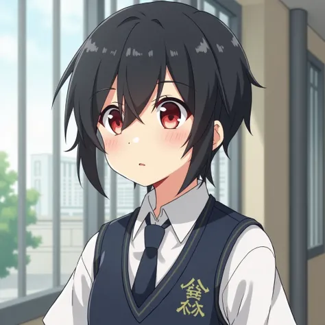  man with black hair,  good-looking face,  broad shoulder , Expressionless,  school uniform, Japanese cartoon style,  school background ,  school uniform,  school uniform, red left eye ,  black right eye, not cute face