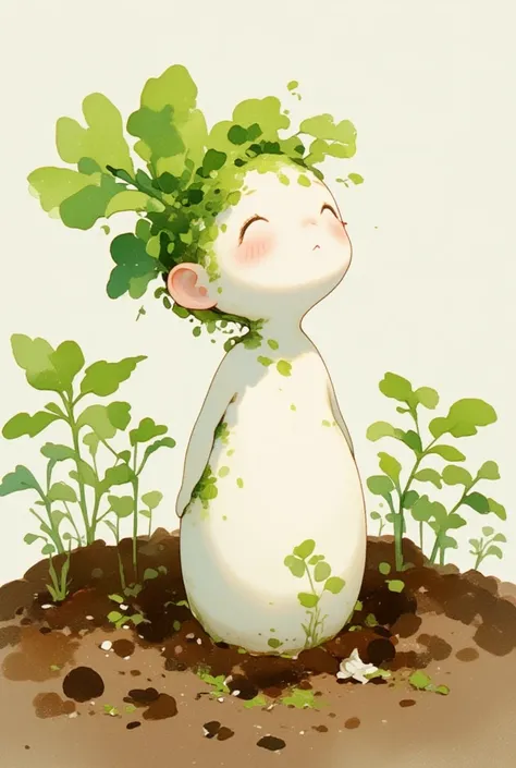 A white-skinned cute daikon lady buried in the soil. green leaves hair. looking up. fantasy art, watercolor painting