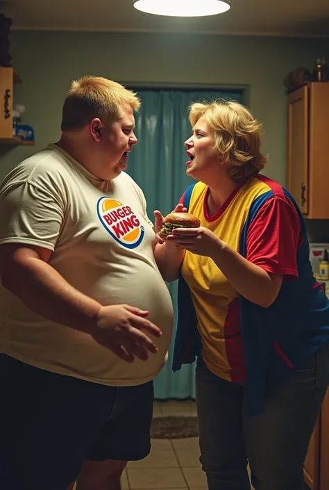 An obese 15-year-old boy with short blonde hair and a burger king t-shirt with a burger king sandwich in his hand who runs to his Romanian mother wearing a Romanian flag shirt that screams at him and throws things at him in Romanian very obese Romanian obe...