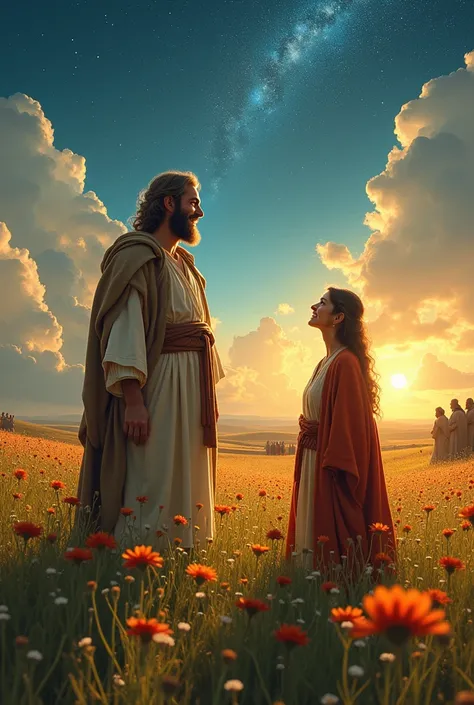  Image Description :  Sarah appears smiling in a flowery field , while, In another scene,  Abraham looks up at the starry sky , contemplating Gods promise . On the horizon,  figures of kings and nations begin to form.