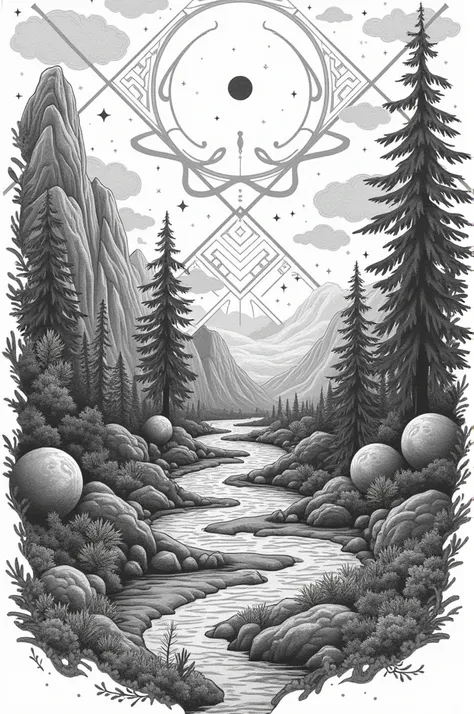 “A highly detailed black and white geometric-style background design for a t-shirt, featuring nature, planetary elements, and mythological references. The design should include intricate geometric patterns blending with elements of nature like trees, mount...