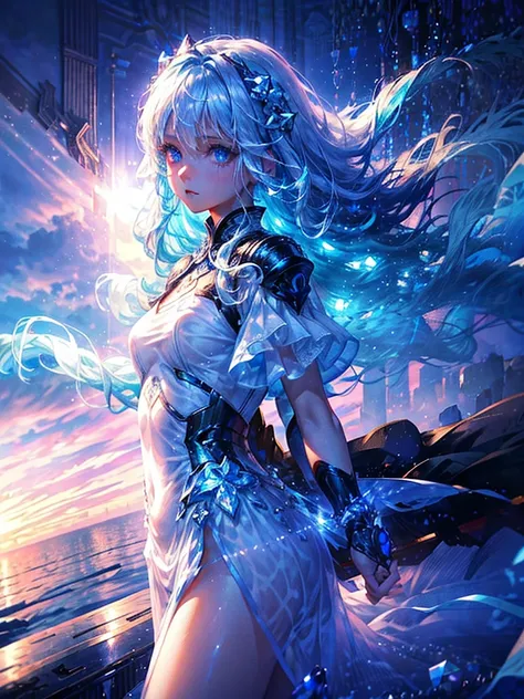 Beautiful girl, tears, long angle, best quality, super detailed, masterpiece, transparent light blue hair, crystal-like hair, jewel-like blue eyes, flowing hair, sky, Gods world, above the clouds, superb view, mysterious, ((Pure white long combat dress))