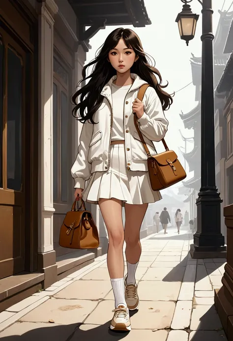 A beautiful young Asian girl with long dark hair, dressed all in white, with a jacket that has its edges in ochre and wears a short skirt with ruffles, light brown sneakers and white sports socks, and carries a brown handbag
below the image you can read "P...