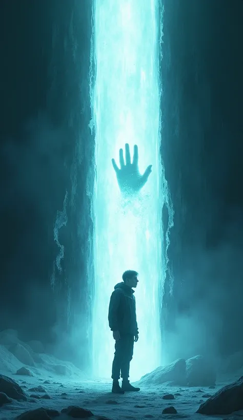 A young man stands frozen in fear as his hand is partially absorbed into the icy, glowing surface of a mysterious wall. 