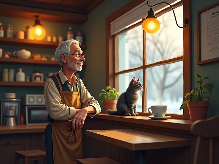 A small, warm café interior with wooden furniture, soft lighting, and a steaming cup of coffee on the counter. An older man with kind eyes and an apron looks out the window, noticing a shivering stray cat hiding outside."