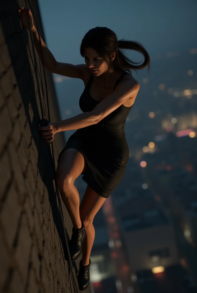  Realistic 3D character from the game - Lara Croft with medium length hair down, who holds on to a rope and walks down the wall of a building above the city at night in a covered black dress in an evening. looking down

