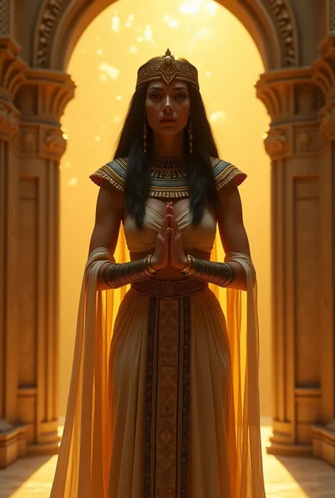 A depiction of Cleopatra standing in front of a luxurious golden background. She is facing forward, with her palms pressed together in a prayer-like pose near her chest. Her attire is adorned with intricate Egyptian patterns, featuring a traditional headdr...