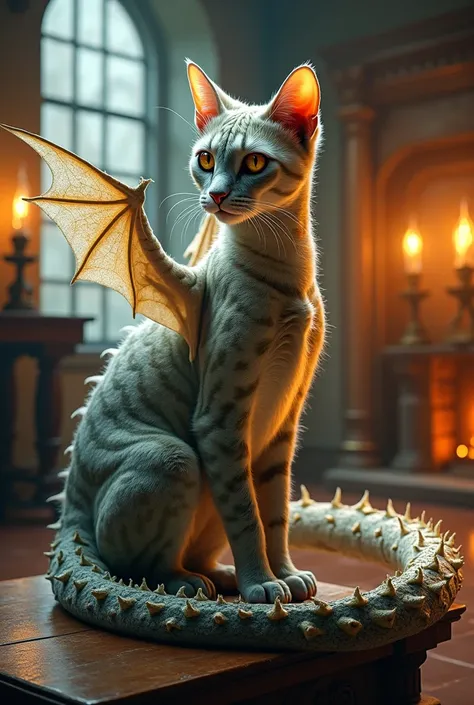 Ultra detailed photorealistic digital illustration, digital surrealism in double exposure, magical pet dragon cat, half cat, half dragon, sitting by the fireplace in an ancient mansion, detailed texture study, concentrated work on the appearance of the ani...