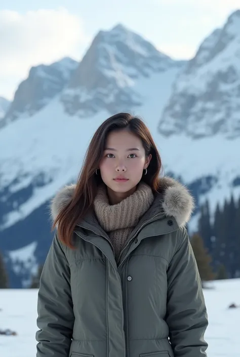  A European woman with medium-length dark brown hair, in the mountains, Snowy landscape, wearing cold clothes , 4K ultra-realistic, Looking at the camera 