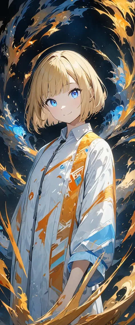 ((( one girl who is at ease))), Blonde,  bob cut from the front, ( upper body), ( is watching viewers), chest,  teenager ,  head tilt :1.3, ((( blue eyes))), (from side), ((Happy smile)),  white shirt,  blazer,   black skirt  , Anime Style, ( best quality,...