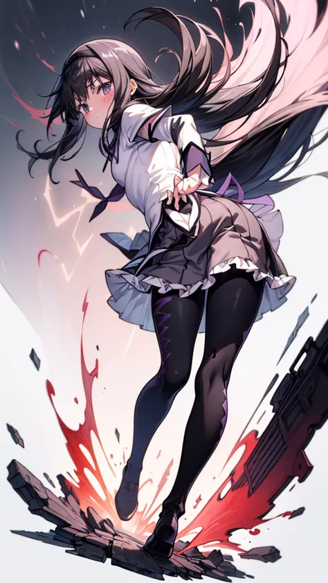 ((full body)), 1 girl,   anime girl ,  best quality,  has thick thighs，wallpaper, school, ,  fascinating ,  homura akemi, flame，...