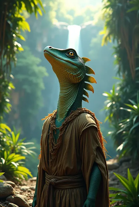 Male reptilian has a relaxed face,  contemplating the rich rainforest full of colors ,  looking up where the suns rays hit your face.  In the background a waterfall with pointed crystals. wear a simple native-style costume 