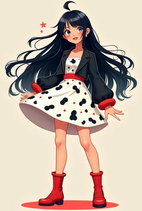  A woman with long black hair with several white locks and fringe all over her hair, gray eyes. pink lips. Happy smile.  White flared dress with print of Dalmatian spots , black cropped blazer with plush cuffs ,  red belt marking the waist and short red bo...