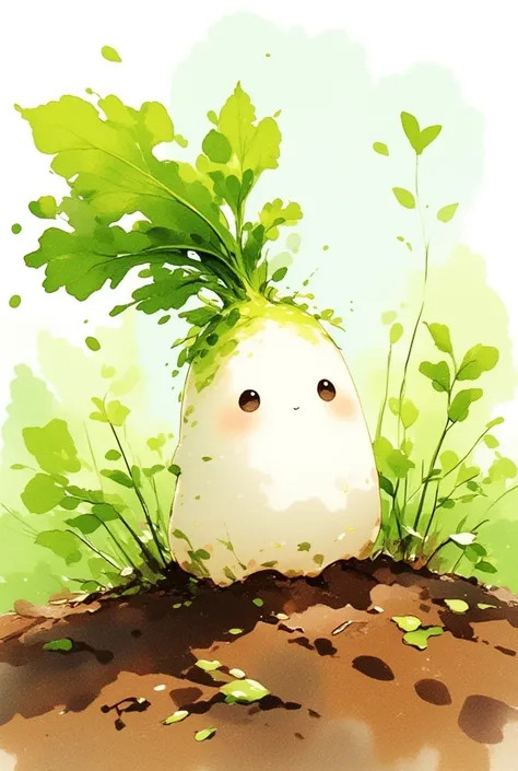 A white-skinned cute daikon lady buried in the soil. green leaves hair. looking around. fantasy art, watercolor painting