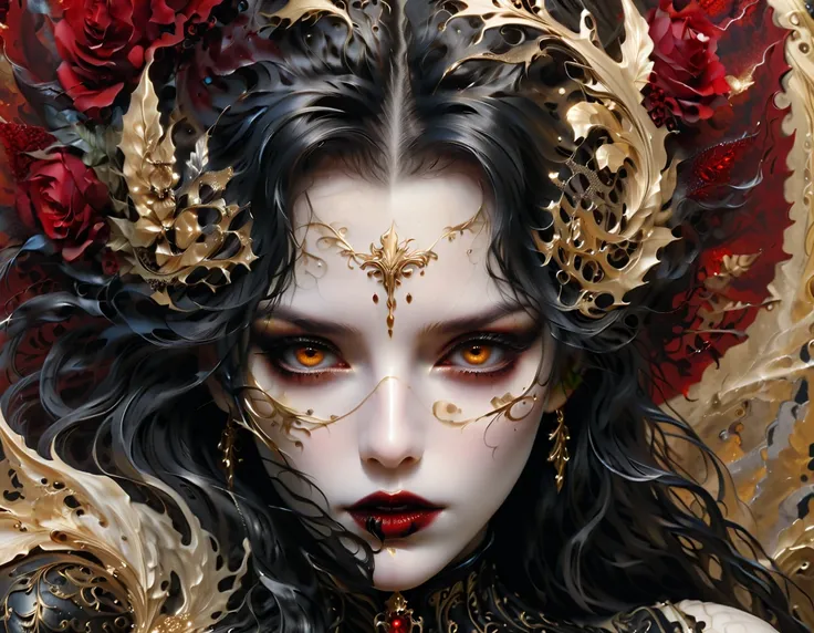  In a striking close-up ,  a Gothic woman emerges against a background of gold leaf ,  creating a dazzling contrast .  Her eyes are an ocean of details ,  with dark shadows that highlight her deep and intense expression . The lips,  blood-red ,  they seem ...