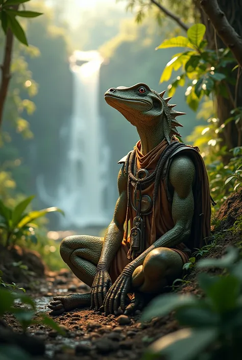 Explorer-style male reptilian has a relaxed face,  contemplating the rich rainforest full of colors ,  looking up where the suns rays hit your face.  In the background a waterfall with pointed crystals. wear a simple native-style costume 