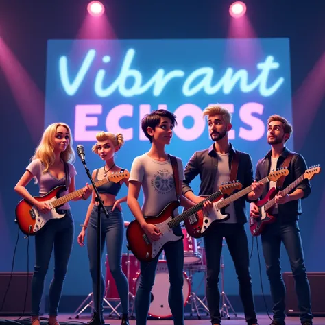  Imagine a 5-piece music band called VibranteChoes .  The bands style is a unique mix of modern pop and classical music .  The members of the band are the next :

Woman 1: She is blonde, long hair,  wears a shiny t-shirt and skinny jeans .  Shes playing a ...