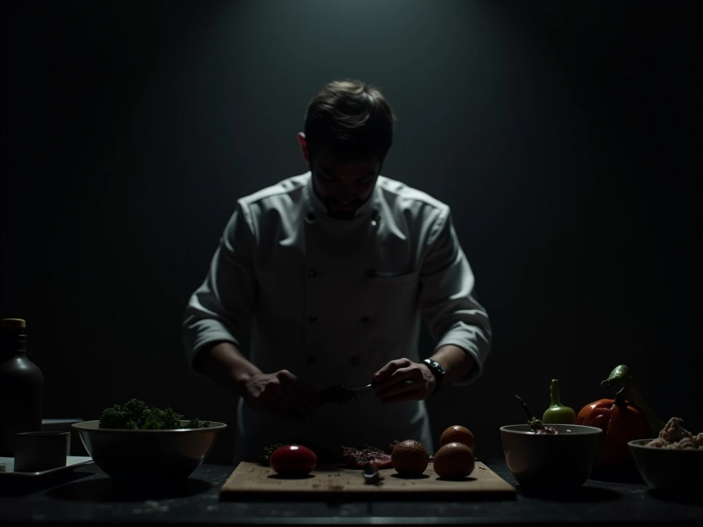 8k high resolution image, cooking, For YouTube banner. predominantly dark images.  black background